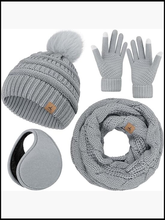 Winter Knit Beanie Hat Scarf Gloves and Ear Warmer Set